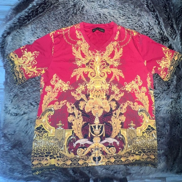 Y2K Public Denim Red and Gold Baroque Short Sleeve Tee - Picture 3 of 8